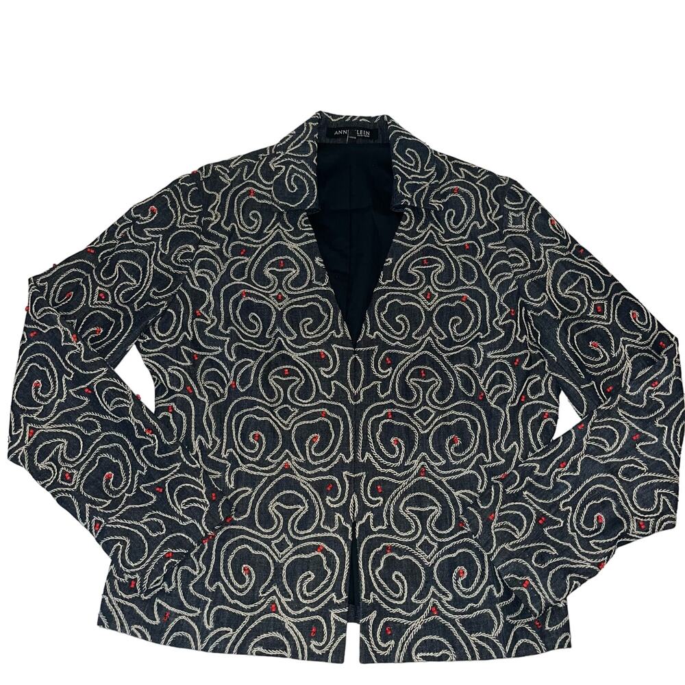 Vintage Anne Klein Denim Jacket Whip Stitching Beading Lined Tailored Sz 16